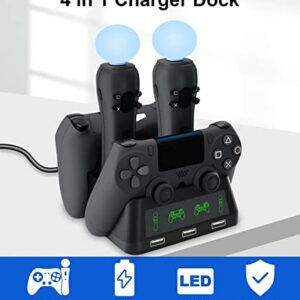 PS4 Controller Charging Dock Station, 4 in 1 PS VR Motion Move Controller Charger Station, Fast Playstation 4 Controller Charger with LED Indicator Compatible with PS4/Slim/PS4 Pro/PS VR Charging Dock