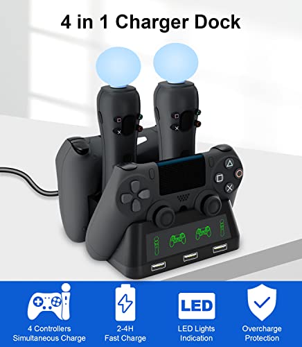 PS4 Controller Charging Dock Station, 4 in 1 PS VR Motion Move Controller Charger Station, Fast Playstation 4 Controller Charger with LED Indicator Compatible with PS4/Slim/PS4 Pro/PS VR Charging Dock