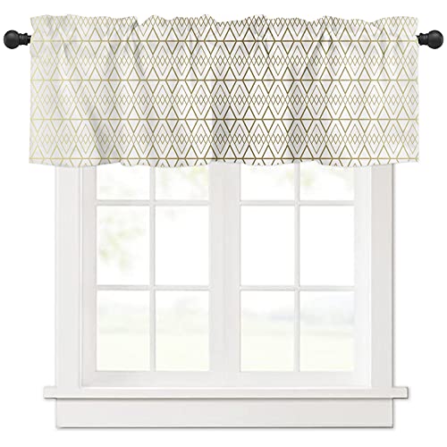 Amaze-Home Curtain Valances for Windows, White Gold Line Window Valances, Geometric Window Treatment Rod Pocket Valance Curtains for Kitchen/Bedroom/Bathroom 42x12 inch, 1 Panel