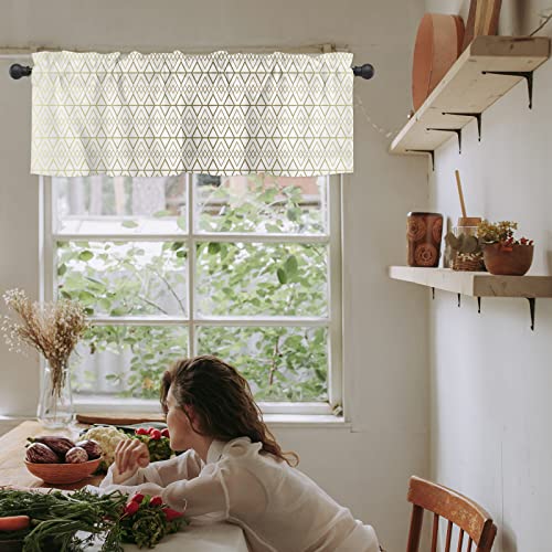 Amaze-Home Curtain Valances for Windows, White Gold Line Window Valances, Geometric Window Treatment Rod Pocket Valance Curtains for Kitchen/Bedroom/Bathroom 42x12 inch, 1 Panel
