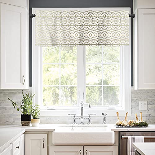 Amaze-Home Curtain Valances for Windows, White Gold Line Window Valances, Geometric Window Treatment Rod Pocket Valance Curtains for Kitchen/Bedroom/Bathroom 42x12 inch, 1 Panel