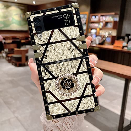 CCSmall Square Phone Case for Samsung Galaxy Z Flip3 with Ring Kickstand for Women Girly, Cute Elegant Metal Decoration Corner Soft TPU Case Cover for Samsung Galaxy Z Flip 3 BF Plaid Gold