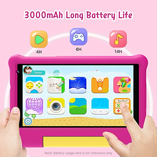 7 inch Android 13 Kids Tablet with Convertible Shockproof Case-Stand, 2GB RAM, 32GB ROM, 2MP Camera, G-Sensor, 3000mAh Battery & Parental Controls - Perfect Choice for Smart Learning & Play (Pink)