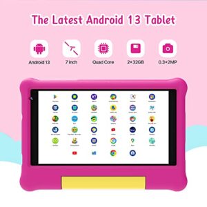 7 inch Android 13 Kids Tablet with Convertible Shockproof Case-Stand, 2GB RAM, 32GB ROM, 2MP Camera, G-Sensor, 3000mAh Battery & Parental Controls - Perfect Choice for Smart Learning & Play (Pink)