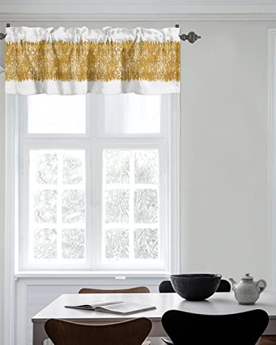 WARM TOUR Curtain Valances for Kitchen Windows Gold Block Line White Back,Privacy Rod Pocket Drape Modern Abstract Art,Window Valance Toppers for Living Room Bathroom Cafe Home Decor 42x12in