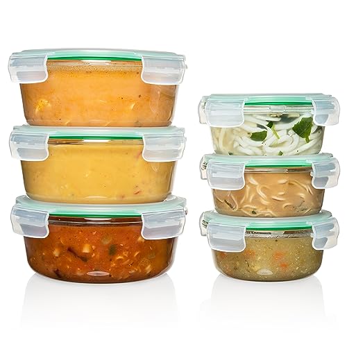 Fusion Gourmet 6 pc Round Glass Food Storage Containers with Lids - Leakproof Meal Prep Container Set (3 Large & 3 Small, Green)