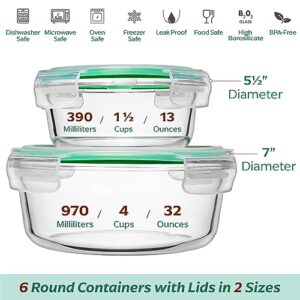 Fusion Gourmet 6 pc Round Glass Food Storage Containers with Lids - Leakproof Meal Prep Container Set (3 Large & 3 Small, Green)