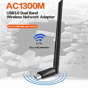 USB Wireless for PC,USB WiFi Adapter for PC,2.4GHz/5GHz,1300Mbps USB 3.0 Wireless WiFi Dongle,High Gain Dual Band 5dBi Antenna, Support Windows 11/10/8.1/8/7/XP, Mac OS 10.9-10.15