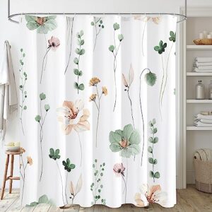 gibelle watercolor floral shower curtain, sage green beige flower shower curtain for bathroom, modern minimalist white waterproof fabric shower curtain set with hooks 72x72 inch