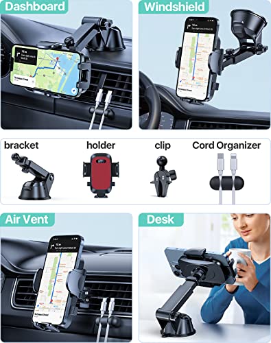 HTU Car Phone Holder Mount [Patent & Safety Certs] [Military Steel Clip & Super Suction Cup] Universal 3 in 1 Cell Phone Holder for Car Dashboard Windshield Vent Car Mount for iPhone Samsung Google