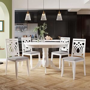 harper & bright designs 5-piece mid-century dining table set, solid wood extendable round dining table with 4 upholstered chairs, dining room kitchen table chairs set, white