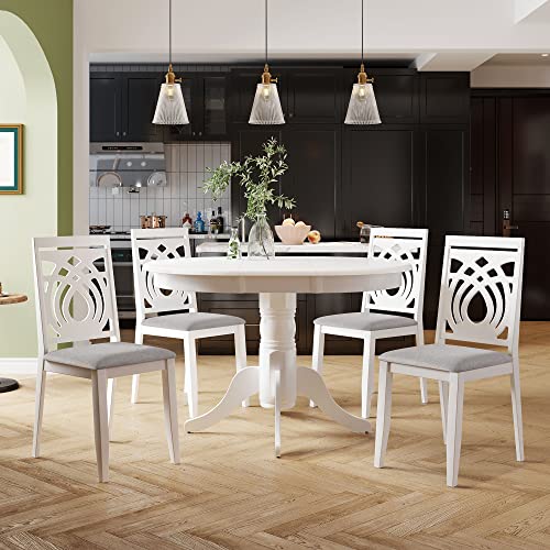 Harper & Bright Designs 5-Piece Mid-Century Dining Table Set, Solid Wood Extendable Round Dining Table with 4 Upholstered Chairs, Dining Room Kitchen Table Chairs Set, White