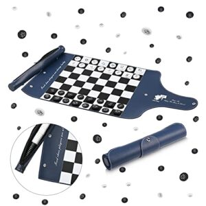 travel roll up leather chess set chess game set with checkers inside,new detachable portable chess game set for home outdoor (blue)