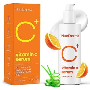 nuederma vitamin c serum for face anti aging, brightening, retinol, aloe, hyaluronic acid, vitamins e, b3. boosts collagen