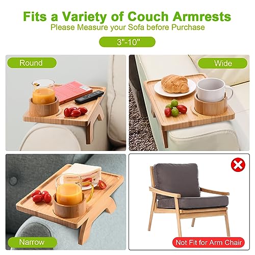 Lorbro Couch Arm Table, Couch Arm Tray with 360° Rotating Cup Holder, Bamboo Sofa Arm Tray for Couch, Foldable Sofa Armrest Tray, Clip on Side Table for Eating, Snacks, Remote, Drinks, No Installation