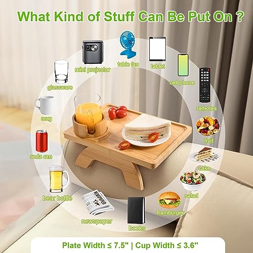 Lorbro Couch Arm Table, Couch Arm Tray with 360° Rotating Cup Holder, Bamboo Sofa Arm Tray for Couch, Foldable Sofa Armrest Tray, Clip on Side Table for Eating, Snacks, Remote, Drinks, No Installation