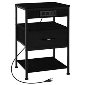 norceesan black nightstand with charging station, bed side table with usb ports & ac outlets, small end bedside tables with drawer charging night stand 3 tier table for bedroom living room farmhouse