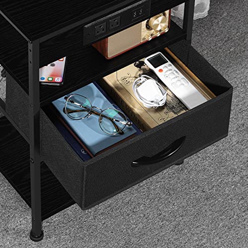 NORCEESAN Black Nightstand with Charging Station, Bed Side Table with USB Ports & AC Outlets, Small End Bedside Tables with Drawer Charging Night Stand 3 Tier Table for Bedroom Living Room Farmhouse