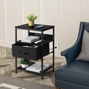 NORCEESAN Black Nightstand with Charging Station, Bed Side Table with USB Ports & AC Outlets, Small End Bedside Tables with Drawer Charging Night Stand 3 Tier Table for Bedroom Living Room Farmhouse