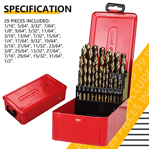 Wakuka Cobalt Drill Bit Set- 29Pcs M35 High Speed Steel Twist Jobber Length for Hardened Metal, Stainless Steel, Cast Iron and Wood Plastic with Metal Indexed Storage Case, 1/16"-1/2"
