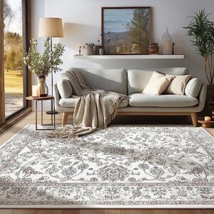 Area Rug Living Room Rugs - 8x10 Large Machine Washable Soft Farmhouse Boho Moroccan Floral Thin Rug Indoor Floor Carpet for Bedroom Under Dining Table Home Office Decor - Brown