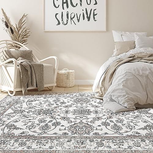 Area Rug Living Room Rugs - 8x10 Large Machine Washable Soft Farmhouse Boho Moroccan Floral Thin Rug Indoor Floor Carpet for Bedroom Under Dining Table Home Office Decor - Brown