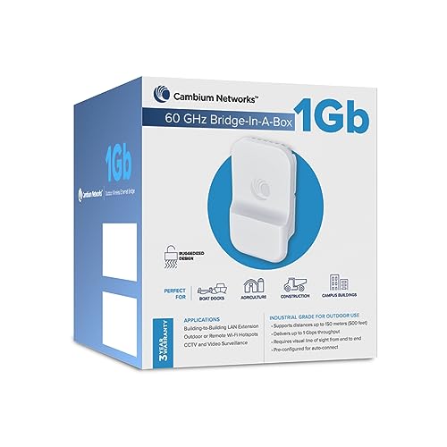 Cambium Networks 60 GHz Bridge in a Box 1 Gb- Extend Internet Connectivity Up to 500 Feet (150 Meters)- 2 Gbps Throughput- LAN Extension- Backhaul Outdoor/Remote Wi-Fi Hotspots-(US cord)- C600510C001A