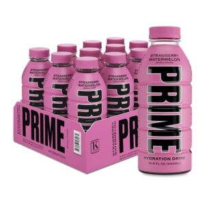 prime hydration drink sports beverage "strawberry watermelon," naturally flavored, caffeine free, 10% coconut water, 250mg bcaas, b vitamins, antioxidants, 834mg electrolytes, only 20 calories per 16.9 fl oz bottle (pack of 12)