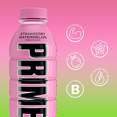 Prime Hydration Drink Sports Beverage "STRAWBERRY WATERMELON," Naturally Flavored, Caffeine Free, 10% Coconut Water, 250mg BCAAs, B Vitamins, Antioxidants, 834mg Electrolytes, Only 20 Calories per 16.9 Fl Oz Bottle (Pack of 12)