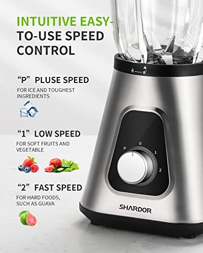 Blender for Shake and Smoothies, SHARDOR Powerful 1200W Countertop Blender for Kitchen, 52oz Glass Jar, 3 Adjustable Speed Control for Frozen Fruit Drinks, Smoothies, Sauces & More, Sliver