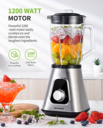 Blender for Shake and Smoothies, SHARDOR Powerful 1200W Countertop Blender for Kitchen, 52oz Glass Jar, 3 Adjustable Speed Control for Frozen Fruit Drinks, Smoothies, Sauces & More, Sliver