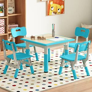 wanan kids table and chair set, height adjustable toddler table and 4 chairs set, kids table for playing, drawing, eating, studying, easy to clean arts & crafts table for ages 2-10 (light blue)