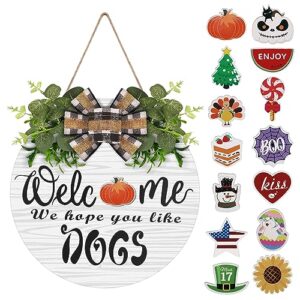 Interchangeable Wooden Seasonal Welcome Sign, Rustic Round Dogs Sign Front Door Wreaths for Home/Wall/Porch/Farmhouse Decor, for Easter Spring Summer Fall Halloween Christmas All Season Decorations