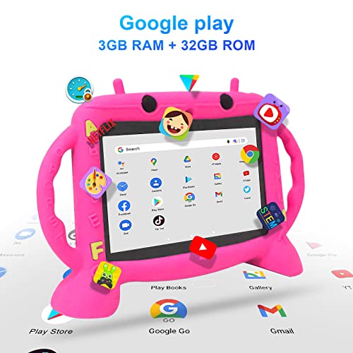 MengDash Kids Tablet, 7 inch Tablet for Kids 2-10, Educational Learning Toddler Tablet Android 11, 3GB RAM+32GB ROM Storage, Google Play Netflix YouTube, Baby Girl boy Gift (Red)