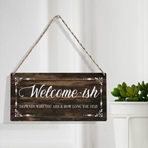 Welcome-ish Wood Sign Front Door Wooden Signs Rustic Hanging Plaque Home Wall Art 12" x 6" Sign Wall Decor for Home Porch