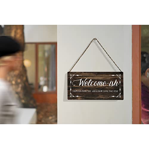 Welcome-ish Wood Sign Front Door Wooden Signs Rustic Hanging Plaque Home Wall Art 12" x 6" Sign Wall Decor for Home Porch