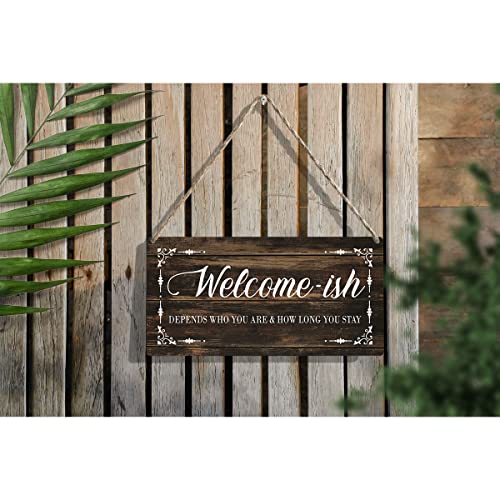 Welcome-ish Wood Sign Front Door Wooden Signs Rustic Hanging Plaque Home Wall Art 12" x 6" Sign Wall Decor for Home Porch