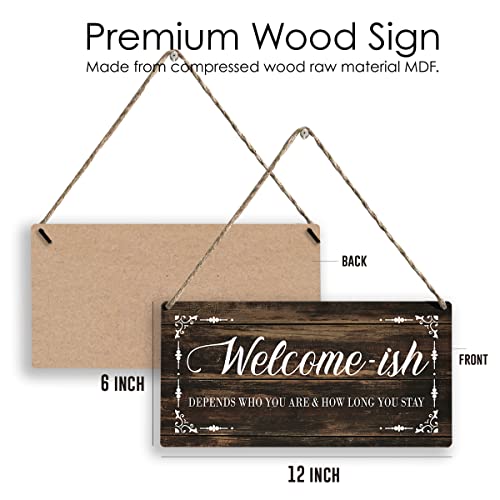 Welcome-ish Wood Sign Front Door Wooden Signs Rustic Hanging Plaque Home Wall Art 12" x 6" Sign Wall Decor for Home Porch