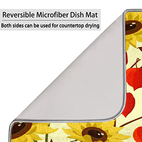 Sunflower Pumpkin Lantern Kitchen Drying Mat 18 x 24 Inch - Reversible Super Absorbent Fiber Dish Drying Pad with Non-Slip Backing for Countertop Tea Coffee Bar Accessories