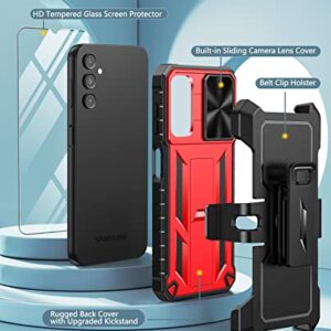 FNTCASE Case for Samsung Galaxy A14-5G: Military Grade Drop Protection Rugged Protective A14 Cell Phone Cover with Belt-Clip Holster Kickstand & Slide | Shockproof Heavy Duty Matte Tough Shell - Red