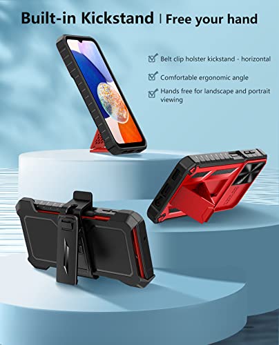 FNTCASE Case for Samsung Galaxy A14-5G: Military Grade Drop Protection Rugged Protective A14 Cell Phone Cover with Belt-Clip Holster Kickstand & Slide | Shockproof Heavy Duty Matte Tough Shell - Red