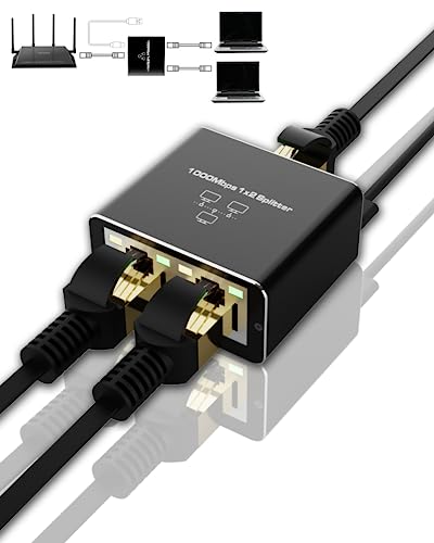 Ethernet Splitter, Gigabit RJ45 Ethernet Splitter 1 to 2, 1000Mbps Network Extension Connector with USB Power Cable, 8P8C Extender Plug for Cat5/5e/6/7/8 Cable (2 Devices Simultaneous Networking)