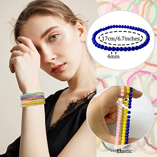 WAINIS 27PCS 4mm Glass Beaded Bracelets for Women Elastic Stretch Round Bead Healing Tiny Bracelet Multicolor Handmade Stackable Beads Bracelet