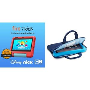 amazon fire 7 kids tablet, 7" display 32gb (red) + kids zipper sleeve (blue)