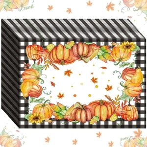 kosiz 50 pcs buffalo plaid pumpkins leaves sunflowers place mats fall harvest vintage paper placemats disposable kitchen dining table decoration for indoor outdoor home party ornament 11 x 14 inch