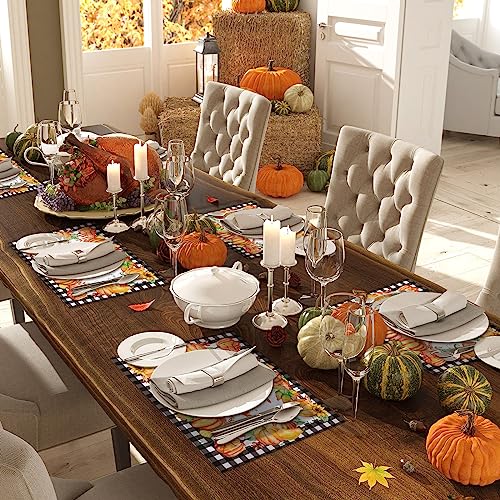 Kosiz 50 Pcs Buffalo Plaid Pumpkins Leaves Sunflowers Place Mats Fall Harvest Vintage Paper Placemats Disposable Kitchen Dining Table Decoration for Indoor Outdoor Home Party Ornament 11 x 14 Inch