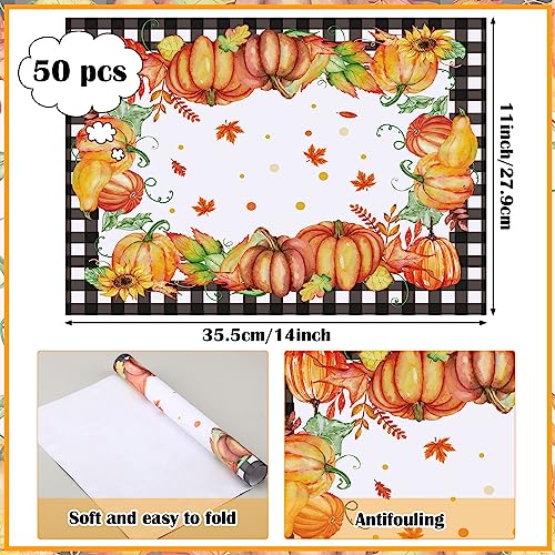 Kosiz 50 Pcs Buffalo Plaid Pumpkins Leaves Sunflowers Place Mats Fall Harvest Vintage Paper Placemats Disposable Kitchen Dining Table Decoration for Indoor Outdoor Home Party Ornament 11 x 14 Inch