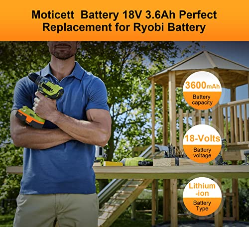 Moticett 3.6Ah Ni-Mh Replacement Battery Compatible with Ryobi 18V Battery P100 Compatible with Ryobi 18 Volt Battery ABP1801 ABP1803 BPP1820 130224007 130224028 130255004 Cordless Power Tools-2Pack