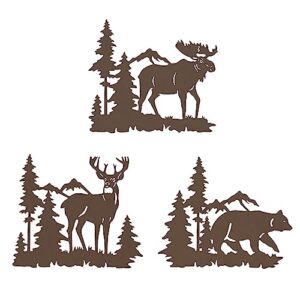 waiu metal wall art decor，deer bear moose in the forest pine tree, set of 3 rustic concise decoration hanging for living room bedroom bathroom indoor outdoor, lodge, hunting, cabin wall decor