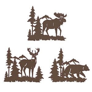 WAIU Metal wall art decor，deer bear moose in the forest pine tree, set of 3 Rustic Concise Decoration Hanging for living room bedroom bathroom indoor outdoor, Lodge, Hunting, Cabin Wall Decor